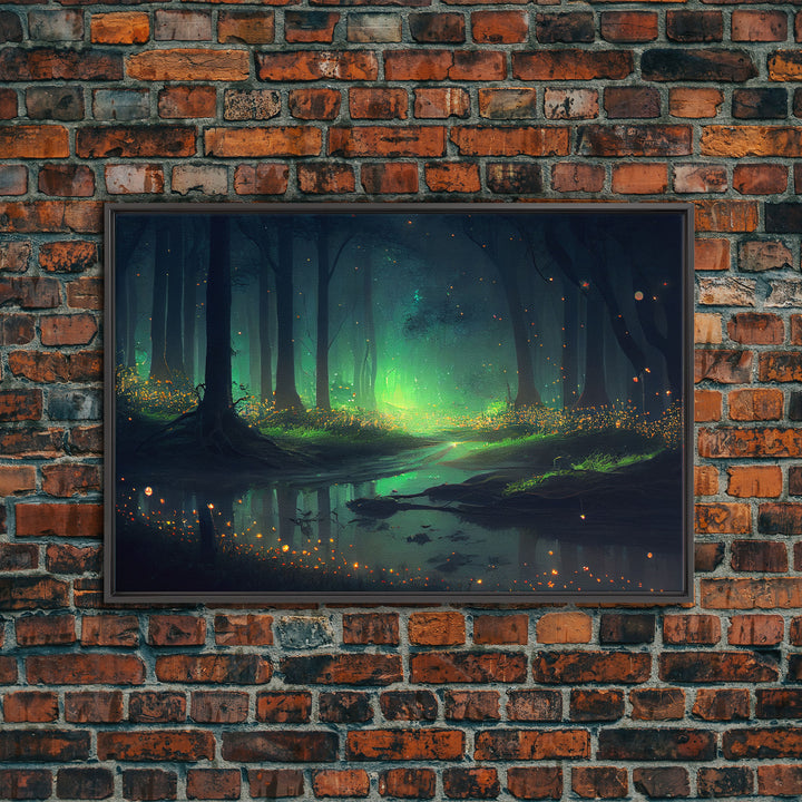 Fireflies In Forest Swamp Night Green Wall Poster, Wall Decor, Wall Art Print, Fine Art Print