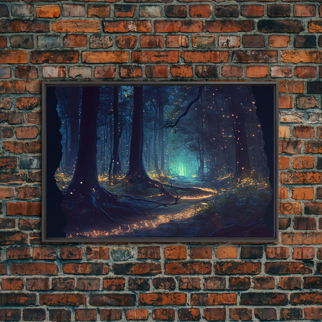Night In The Forest Woods Path Of Fireflies Fine Art Print, Wall Poster, Wall Art Print, Wall Decor