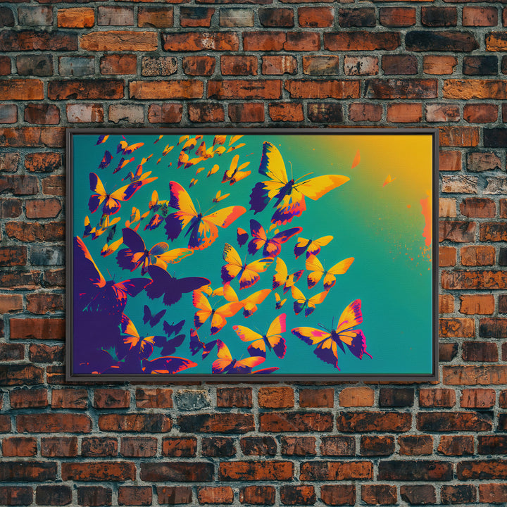 Synthwave Tangerine butterflies, beautiful butterfly art, framed canvas print, framed wall art