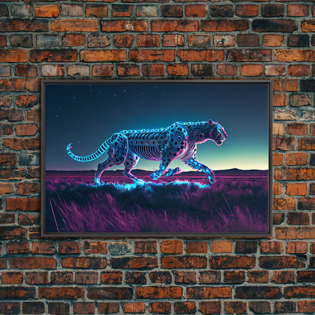 Robot Cheetah, Synthwave cyberpunk art, robot cheetah, framed canvas art, canvas print