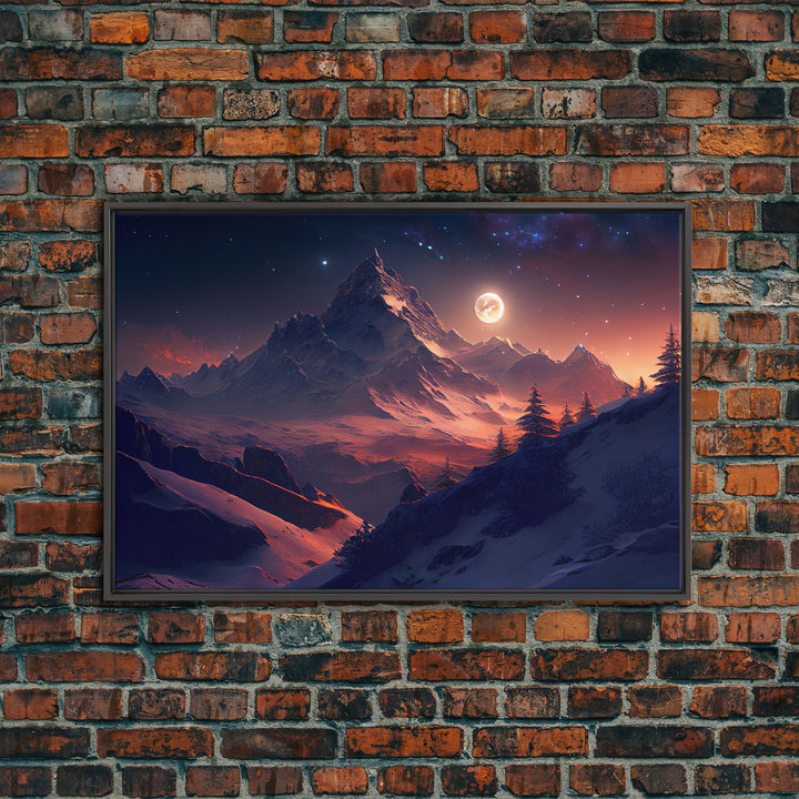 Mt. Everest Art, full moon over a mountain landscape, watercolor, framed canvas print, unique wall art