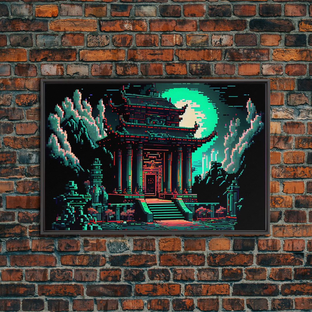 Japanese Pagoda pixel art, cyberpunk style pagoda, framed canvas print