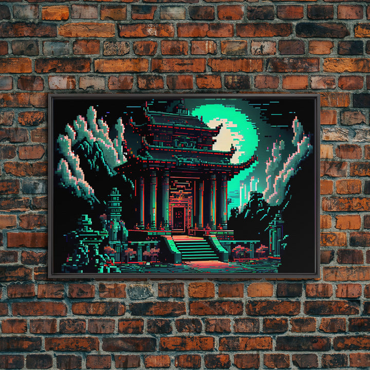 Japanese Pagoda pixel art, cyberpunk style pagoda, framed canvas print