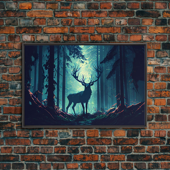 Mythical stag in the forest, fantasy art, framed canvas print, mythical creatures