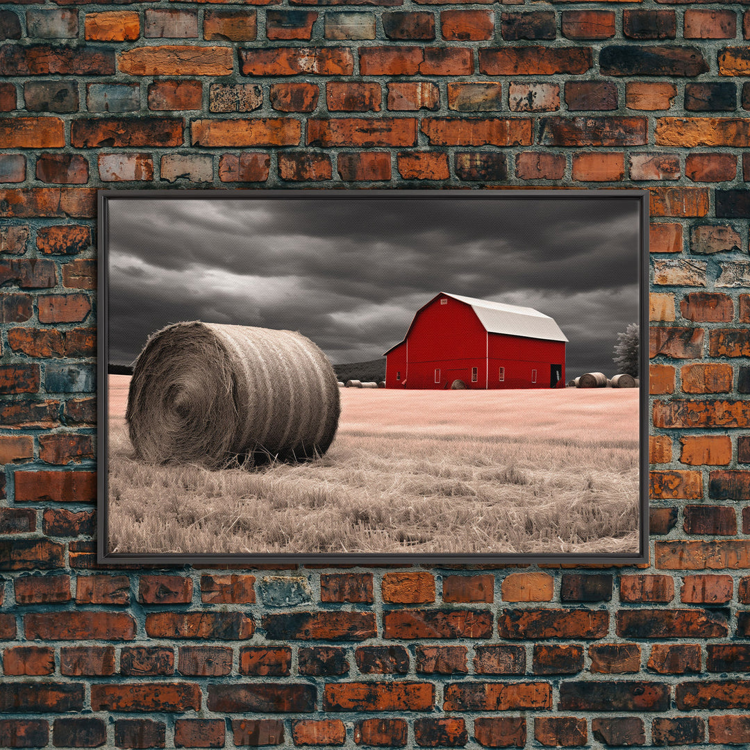 Liminal Spaces, Red Barn Under A Storm Canvas Print, Rustic / Minimalist Cottagecore Wall Art, Framed Canvas Print, Hay Bale Art