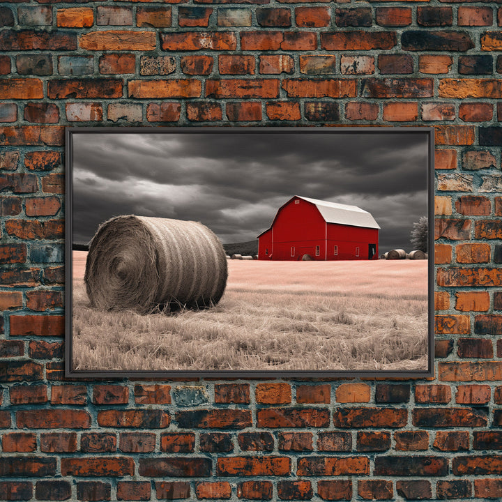 Liminal Spaces, Red Barn Under A Storm Canvas Print, Rustic / Minimalist Cottagecore Wall Art, Framed Canvas Print, Hay Bale Art