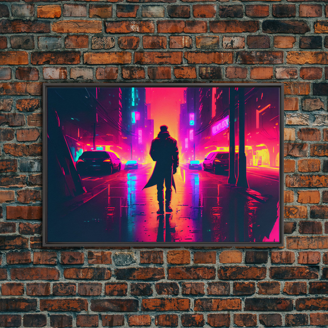 Cyberpunk bounty hunter art, vaporwave synthwave dystopian cityscape, framed canvas print
