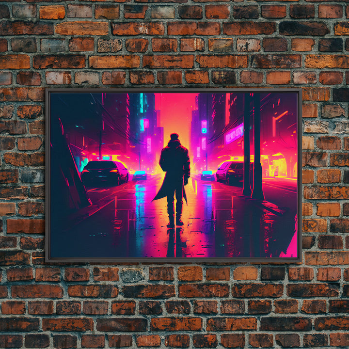 Cyberpunk bounty hunter art, vaporwave synthwave dystopian cityscape, framed canvas print