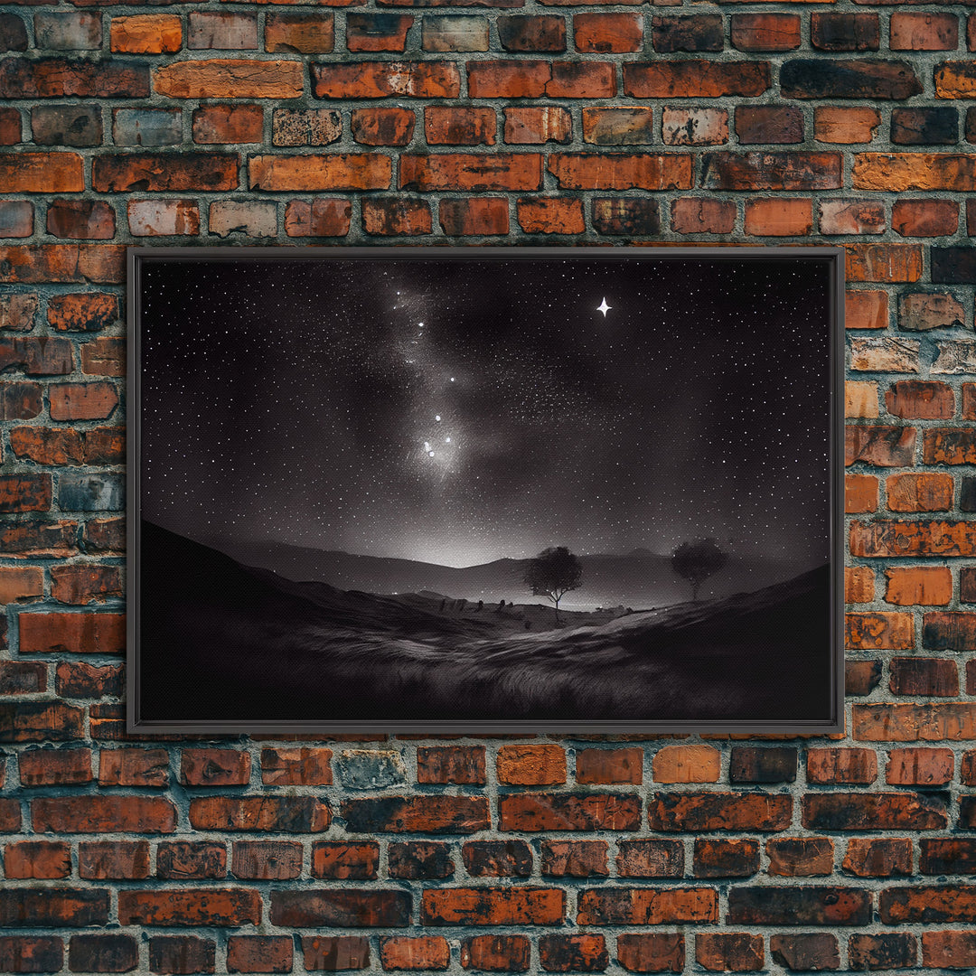 Black and white Watercolor of a starry night sky over the planes of Texas, framed canvas print