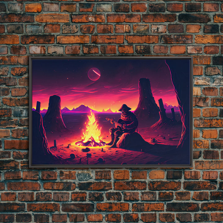 Valley Canyon Man Campfire Guitar Landscape Magenta Fine Art Print, Wall Art Print, Wall Poster, Wall Décor