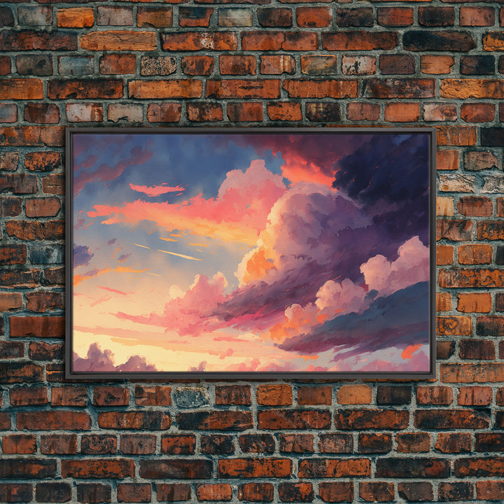 Pink Clouds Sunset Art | Framed Canvas Print | Vintage Style Painting Print | Whimsical Boho Decor | Modern Farmhouse Art