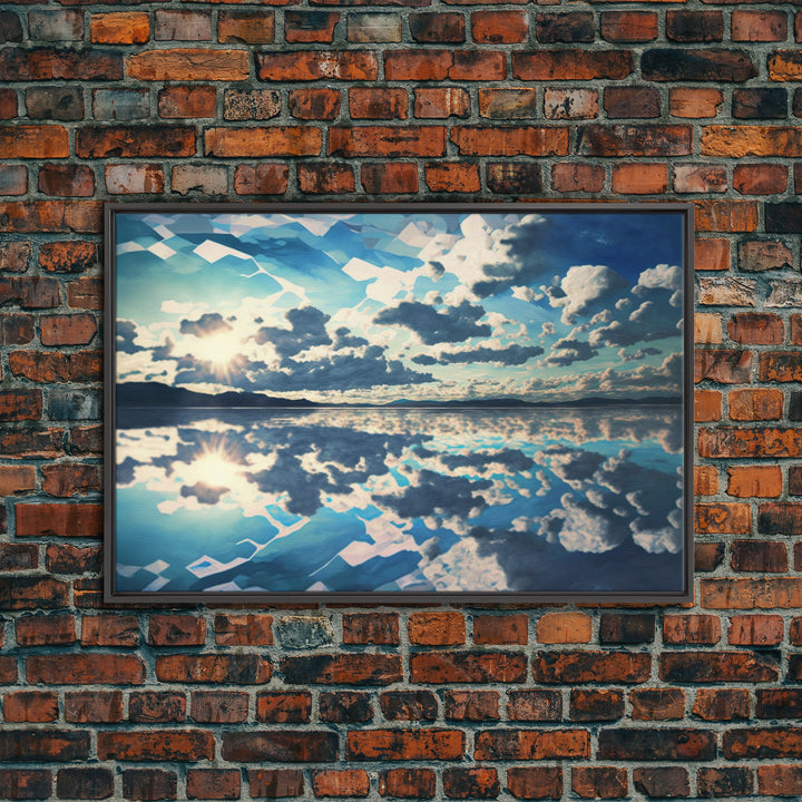 Reflections in Ice, Framed canvas print, unique farmhouse wall art, blue and white tones