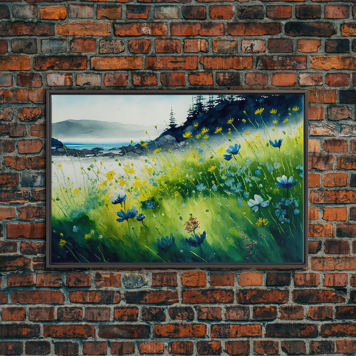 Beautiful Watercolor of a field of blue flowers, framed canvas print, whimsical wall decor, colorful wall art