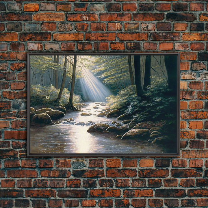 Colorful Watercolor Art, Framed Canvas Print, unique wall art, framed wall art, Landscape watercolor, Beams of Sunlight piercing the canopy