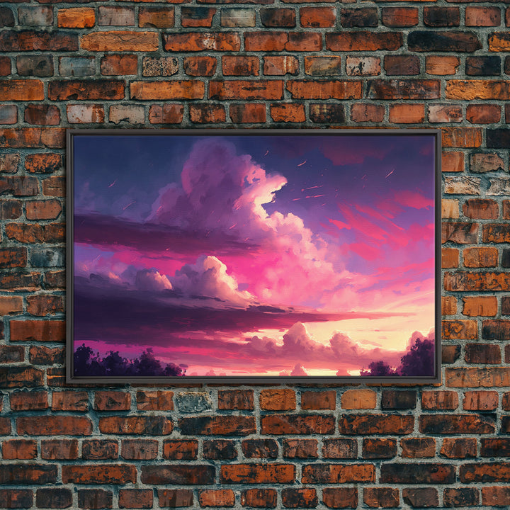 Contemporary Sunset Cloudy Sky, Framed canvas print, colorful landscape art, living room decor