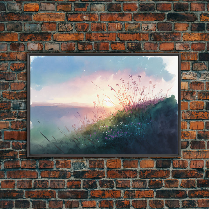 Serene Sunset, Watercolor Landscape Art, Framed Canvas Print, colorful wall art, above couch living room art