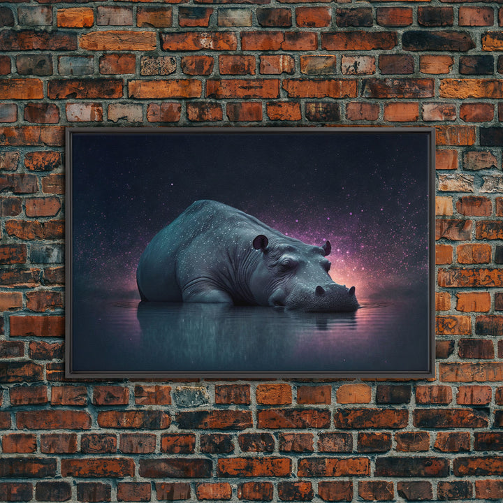 Sleepy Hippo, Animal Prints, framed canvas prints, wildlife art, starry night pastel hue art