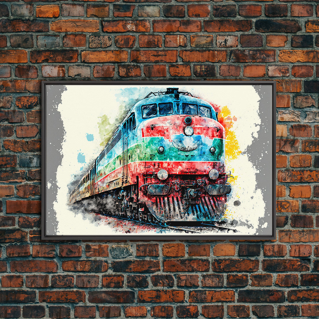 Train Art, Watercolor, Graffiti Pop Art, Framed Canvas Print, Modern Passenger Train Wall Decor, Train Conductor Art