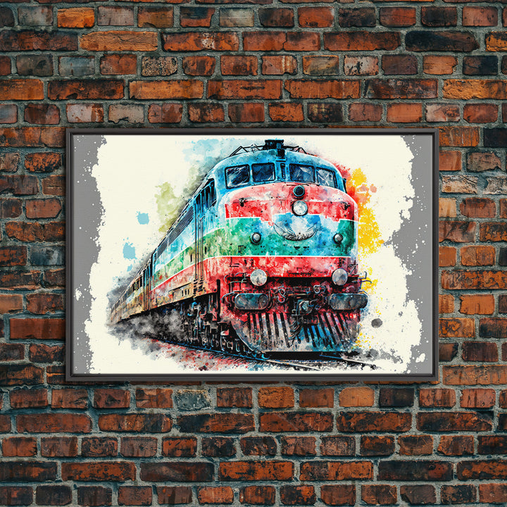 Train Art, Watercolor, Graffiti Pop Art, Framed Canvas Print, Modern Passenger Train Wall Decor, Train Conductor Art