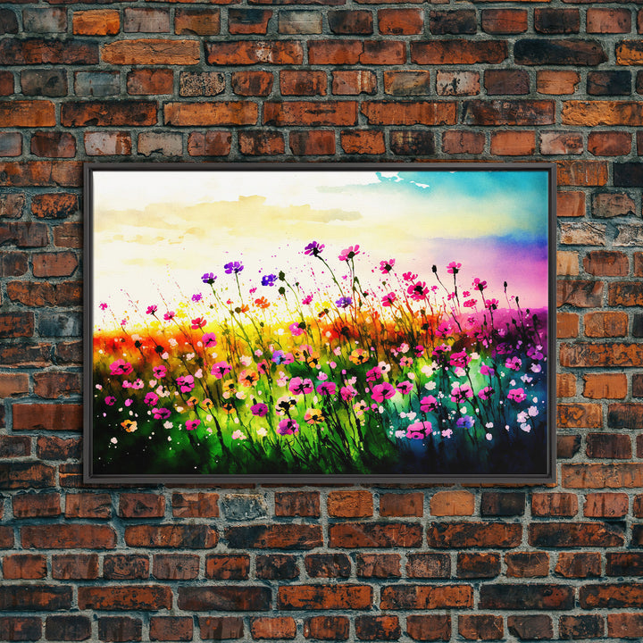 Field Of Rainbow Colored Wild Flowers, Watercolor, Framed Canvas Print, Original Art, Large Format Art, huge living room art