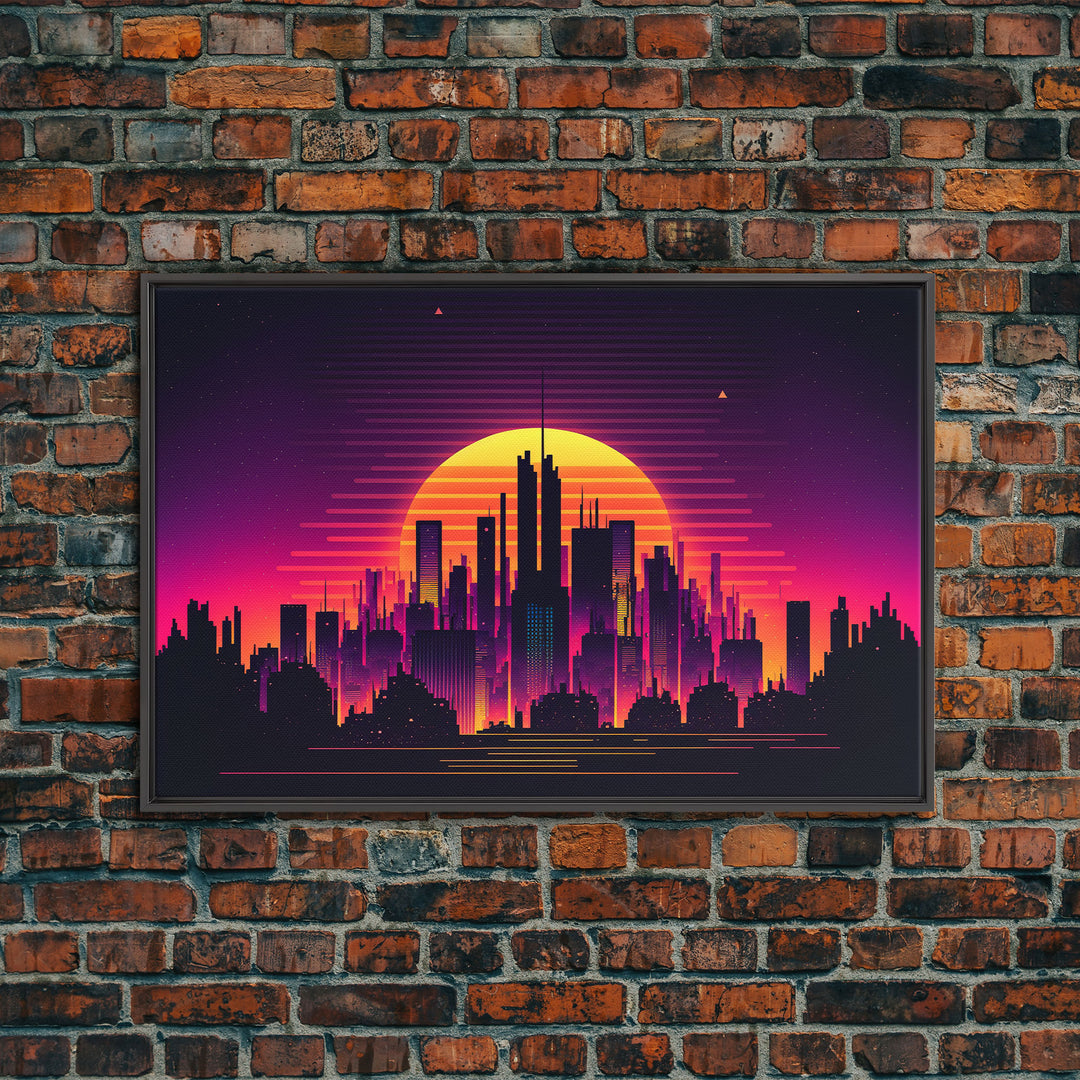 Outrun Style Futuristic Cyberpunk City Skyline at Sunset, Concept art, framed canvas print, dystopian art