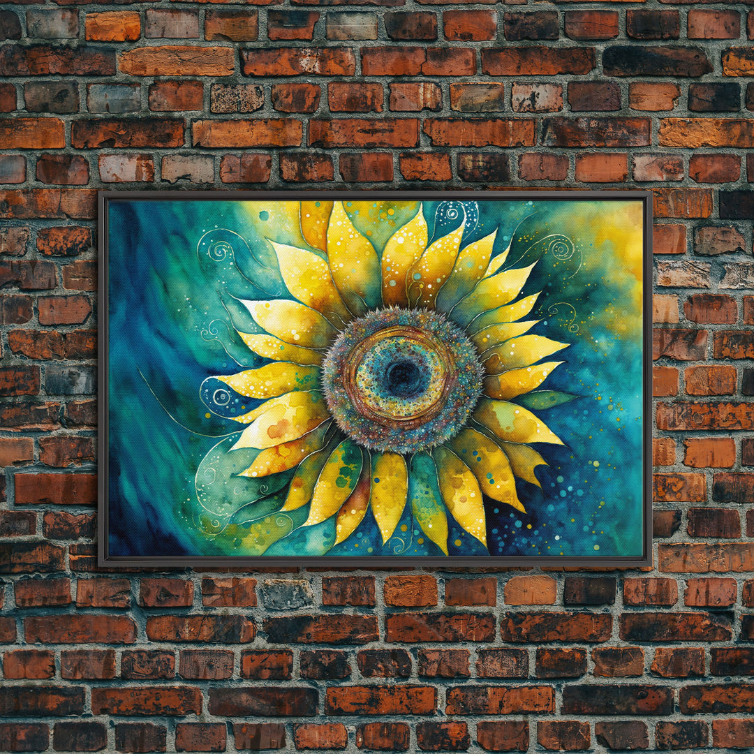 Watercolor of a Sunflower, Framed Canvas Print, Framed Art, Lowkey Farmhouse Wall Art, Living Room Decor, Living Room painting