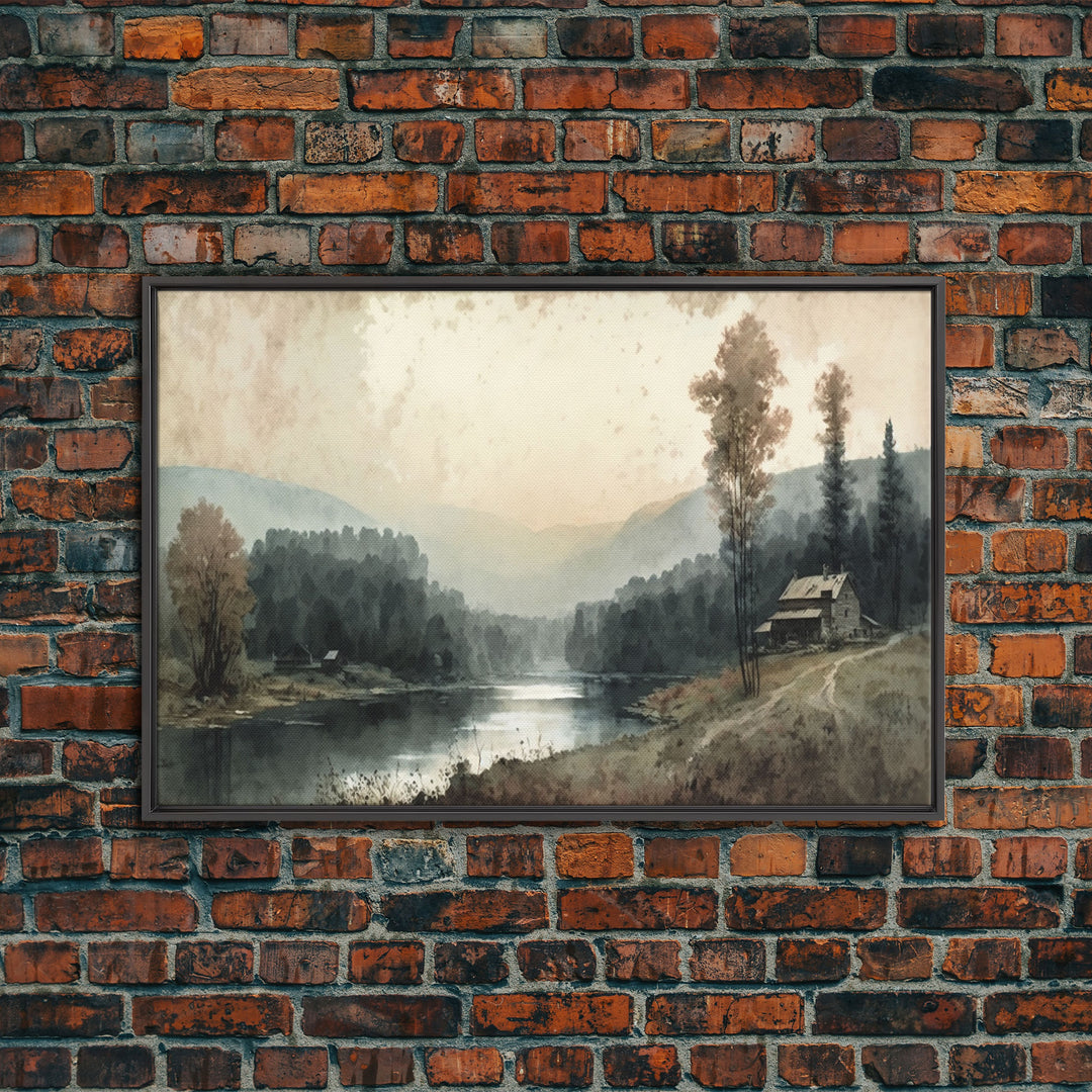 Cottage On The Lake, Wall Art, Framed Canvas Print, Subdued Minimalist Boho Style Wall Decor, Canvas Art, Rustic Decor