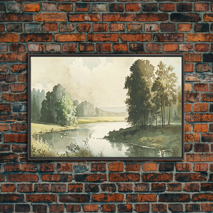 Wall Art, Vintage Landscape Framed Canvas Print, Wall Decor with hanging kit, Rustic Farmhouse Decor, Primitive Art, Early American Style