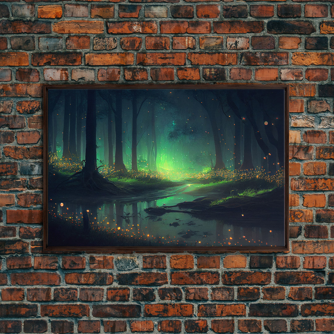 Fireflies In Forest Swamp Night Green Wall Poster, Wall Decor, Wall Art Print, Fine Art Print