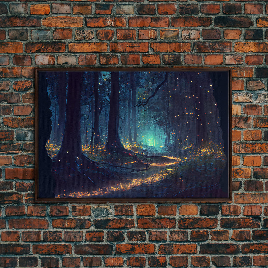 Night In The Forest Woods Path Of Fireflies Fine Art Print, Wall Poster, Wall Art Print, Wall Decor