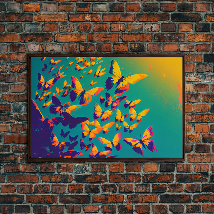 Synthwave Tangerine butterflies, beautiful butterfly art, framed canvas print, framed wall art