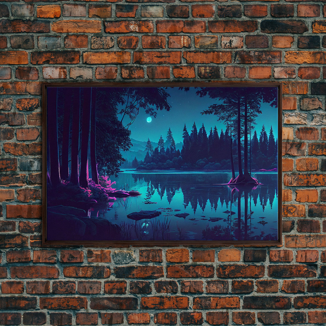Vaporwave Full moon over the lake at midnight, framed canvas print, subdued art, watercolor painting print