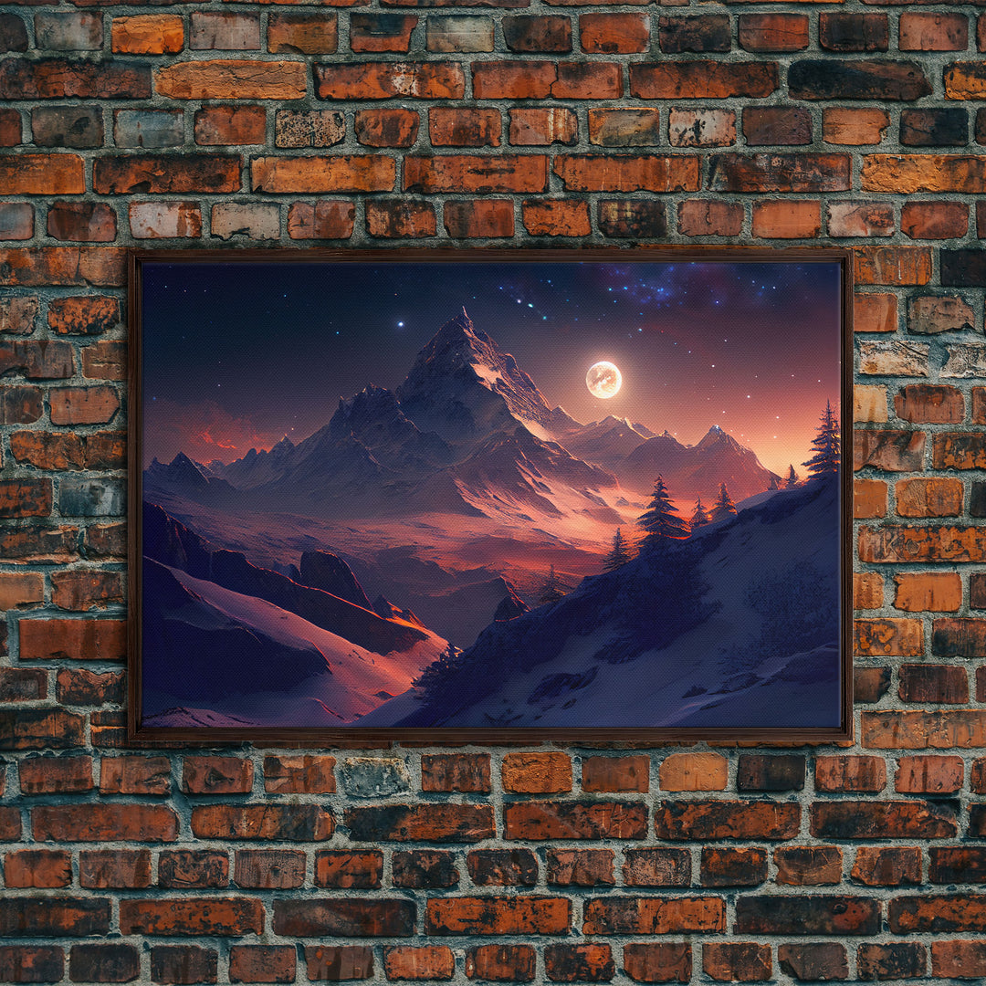 Mt. Everest Art, full moon over a mountain landscape, watercolor, framed canvas print, unique wall art