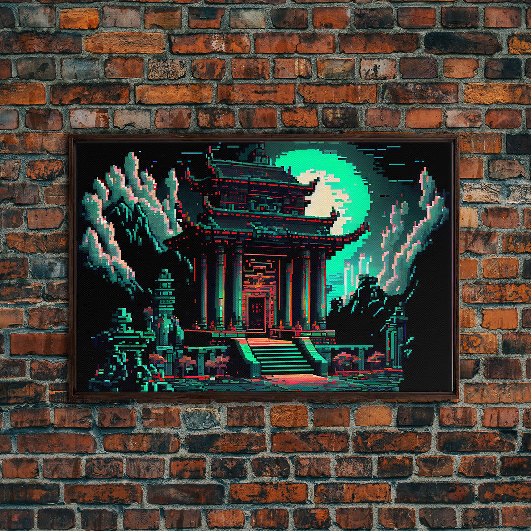 Japanese Pagoda pixel art, cyberpunk style pagoda, framed canvas print