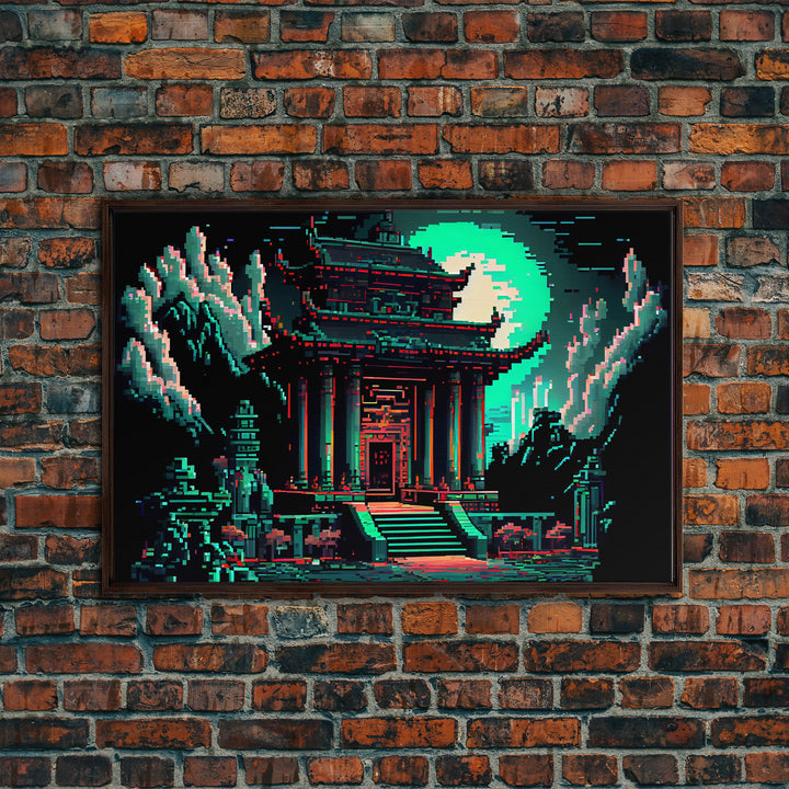 Japanese Pagoda pixel art, cyberpunk style pagoda, framed canvas print