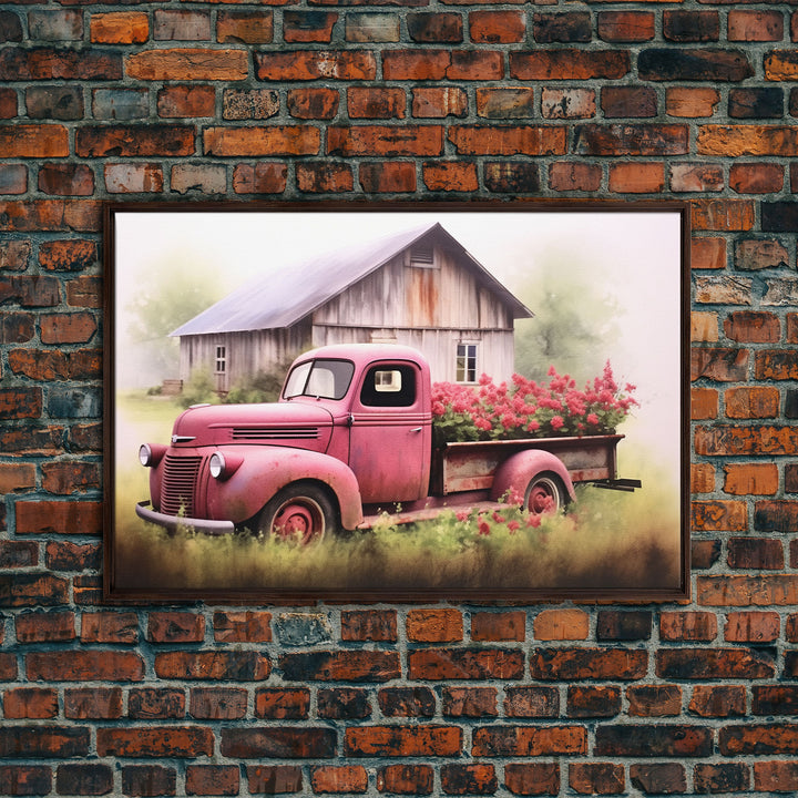 Old Pink Truck Used As a Flower Bed, Framed Canvas Print Or Poster, Rustic Farmhouse Decor, Primitive Art, Country Home Art