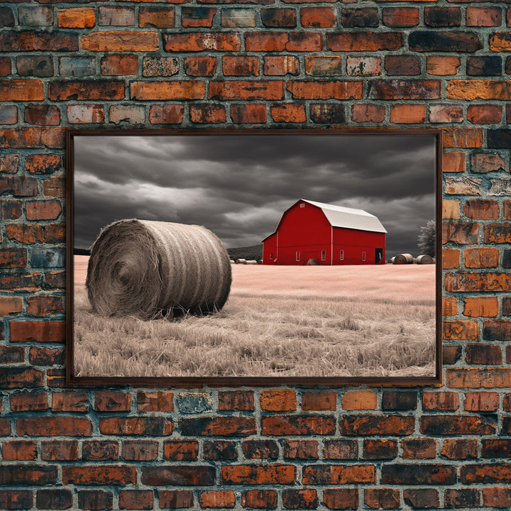 Liminal Spaces, Red Barn Under A Storm Canvas Print, Rustic / Minimalist Cottagecore Wall Art, Framed Canvas Print, Hay Bale Art