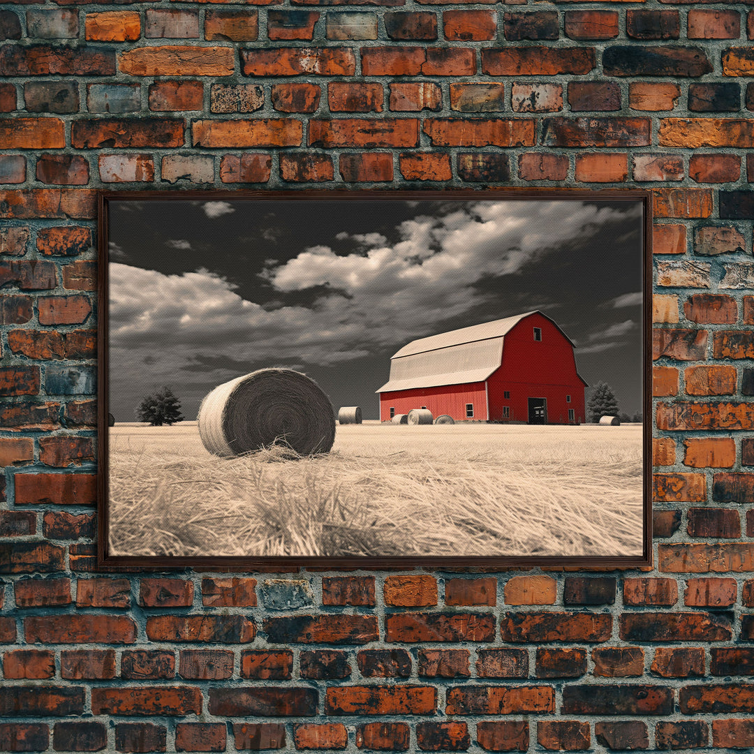 Wide Open Spaces, Red Barn Under A Storm Canvas Print, Rustic / Minimalist Cottagecore Wall Art, Framed Canvas Print, Hay Bale Art, Liminal