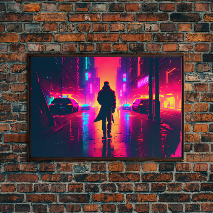 Cyberpunk bounty hunter art, vaporwave synthwave dystopian cityscape, framed canvas print