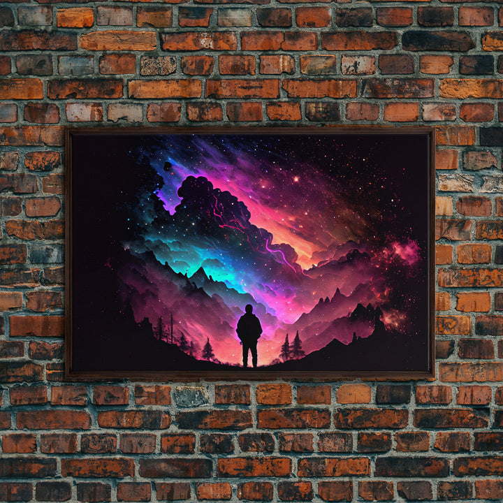 Contemplating the Universe, retro style space art, framed canvas print, synthwave space decor