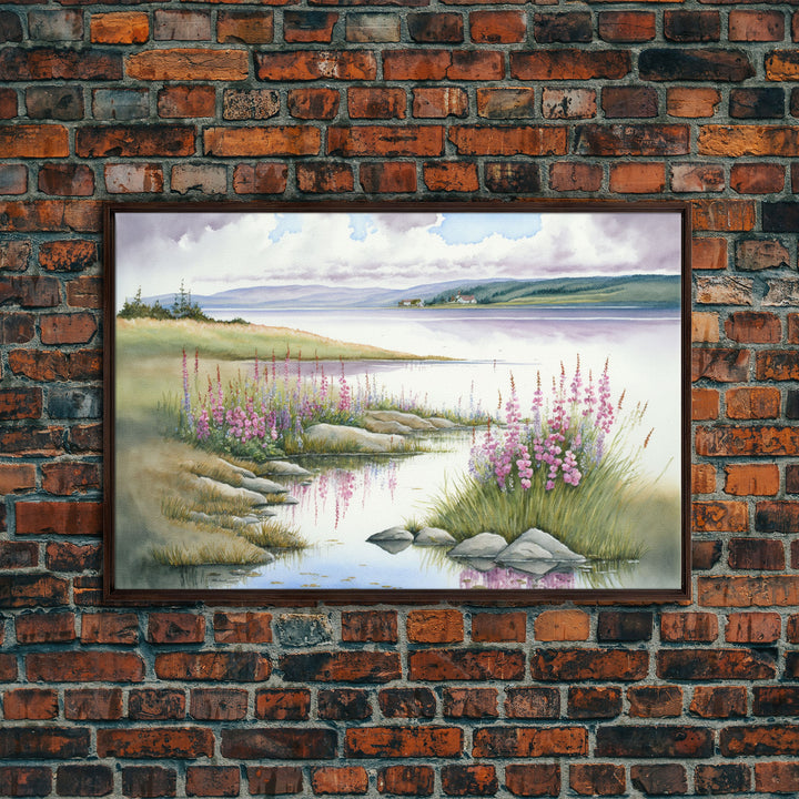 Pink flower landscape art, beautiful nature watercolor painting canvas print, Framed Canvas Print, Wall decoration, living room wall art