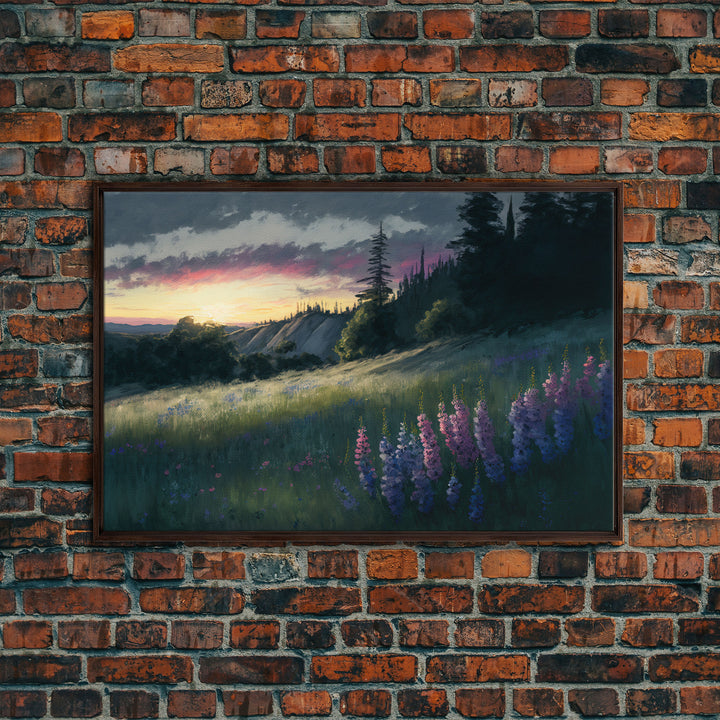Watercolor of a beautiful landscape at sunset, rustic farmhouse decor, primitive art, cabin art, wall decoration