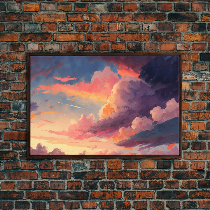 Pink Clouds Sunset Art | Framed Canvas Print | Vintage Style Painting Print | Whimsical Boho Decor | Modern Farmhouse Art