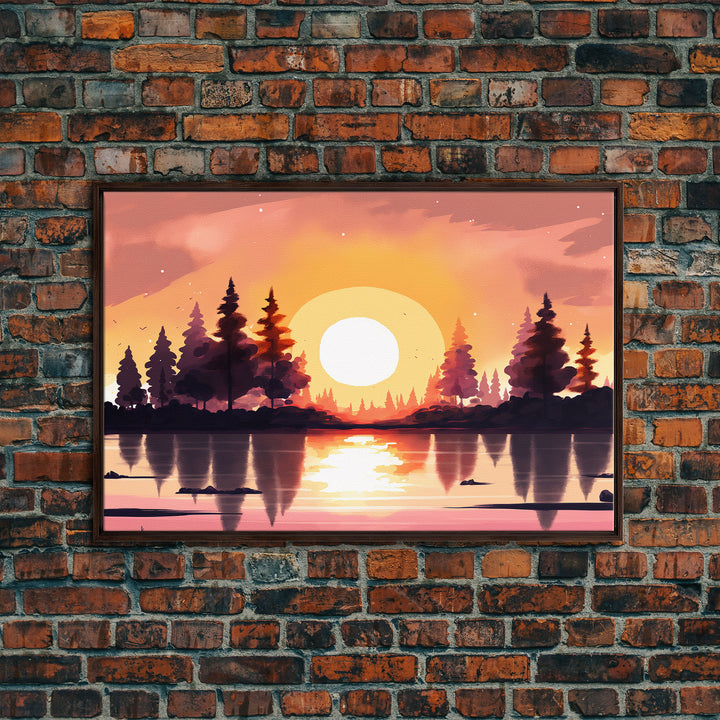 Sunrise Over The Lake and Forest, Lakehouse landscape art, orange and red tones, framed canvas print, watercolor art