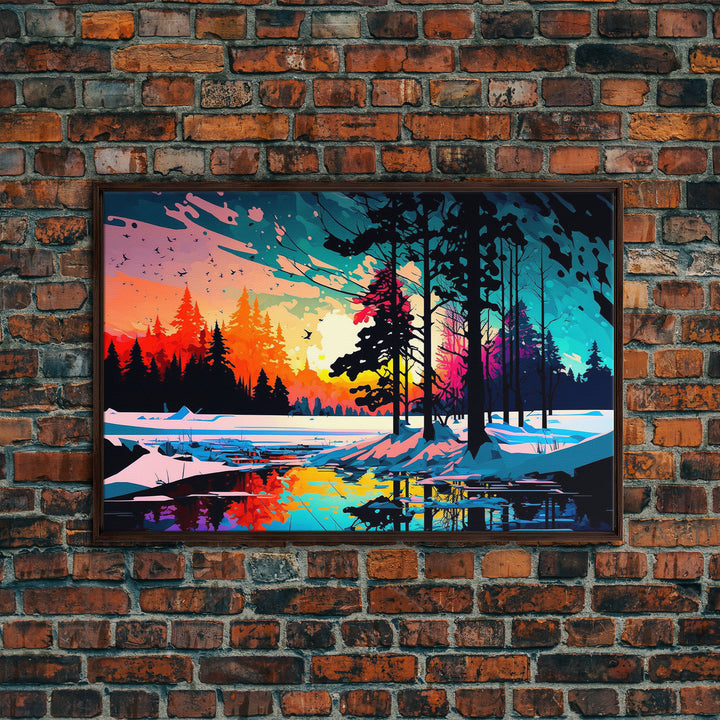 Pop Art Style Water Color of a Winter Forest | Minimalist Contemporary Art | Framed Canvas Print | WPAP Style Landcape Art