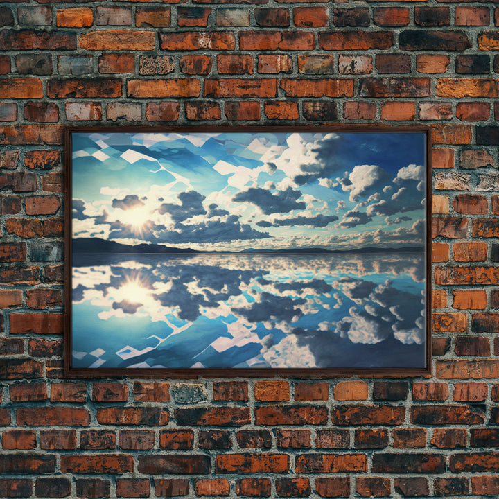 Reflections in Ice, Framed canvas print, unique farmhouse wall art, blue and white tones