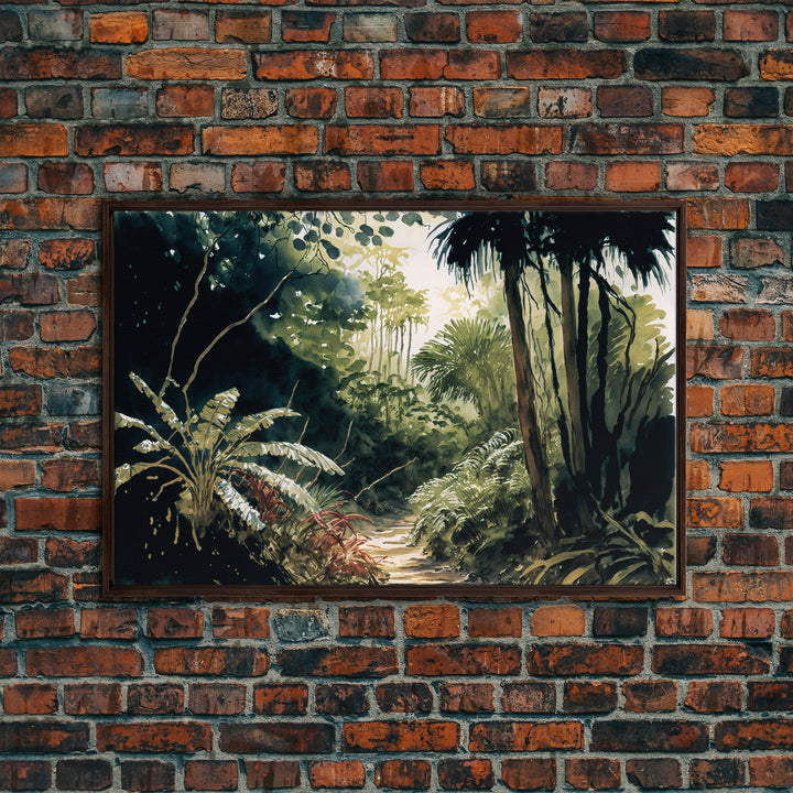 Watercolor of a Jungle Landscape, Framed Canvas Print, Framed Wall Art