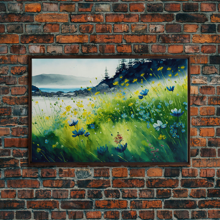 Beautiful Watercolor of a field of blue flowers, framed canvas print, whimsical wall decor, colorful wall art