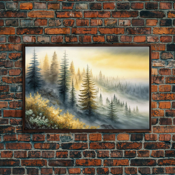 Watercolor of a foggy pine tree forest, framed canvas print, unique wall art, contemporary art
