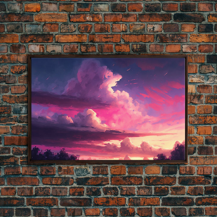 Contemporary Sunset Cloudy Sky, Framed canvas print, colorful landscape art, living room decor